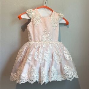3T Sequin Birthday Flower Girl Princess Elegant Pink Lace Dress Pearl Belt